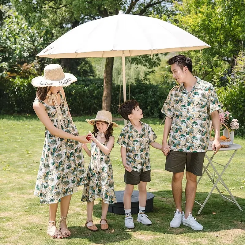 2026 Summer Family Matching Outfits Tropical Palm Print Sundress & Aloha Shirt Set for Mom Dad Kids Vacation Photoshoot