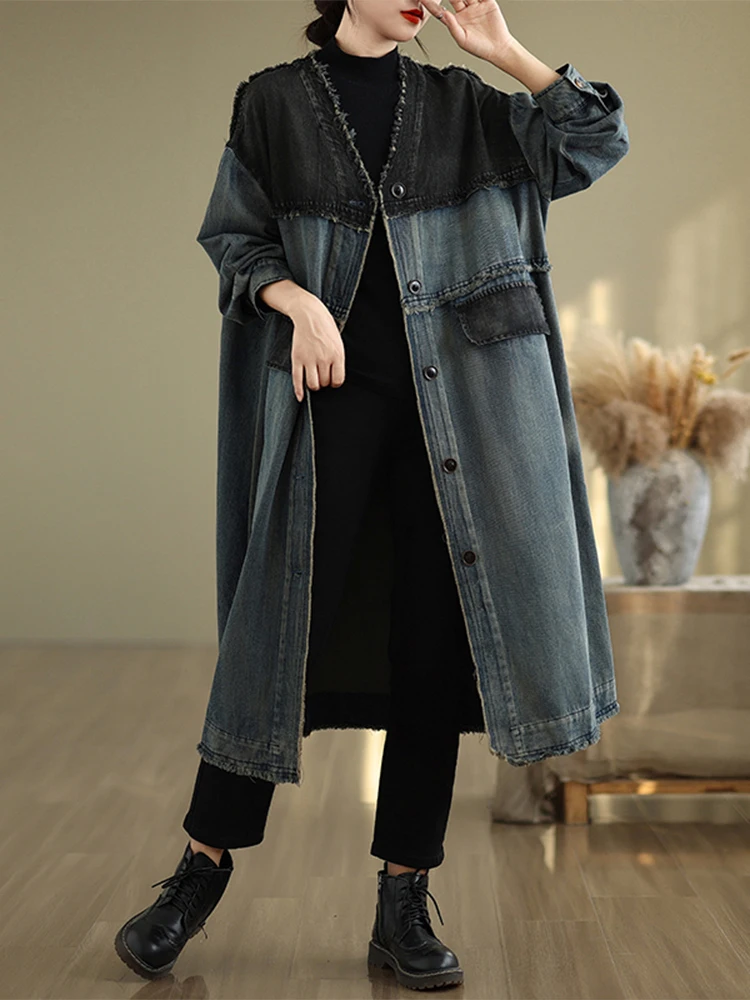 Max LuLu Fall Korean Vintage Long Coats Womens Fashion Loose Denim Trench Ladies Classic Casual Patchwork Oversized Windbreakers