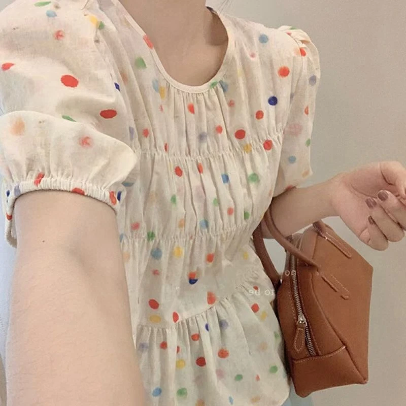 Summer Multicolor Polka Dot Printing Short Sleeve Blouse New Fashion Women Loose Casual Shirt Ladies Pleated Ruffled Tops 32