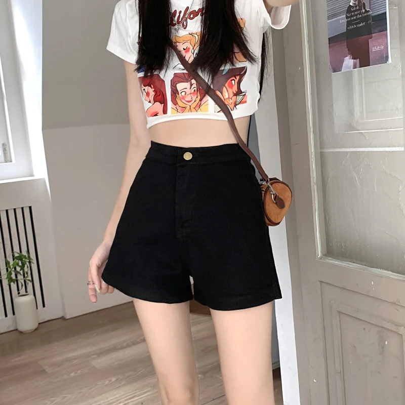 

High Waist Black Denim Shorts Women's Slim Fit Elastic A-Line Hot Pants Summer New Korean Style Versatile Cotton Polyester Blend