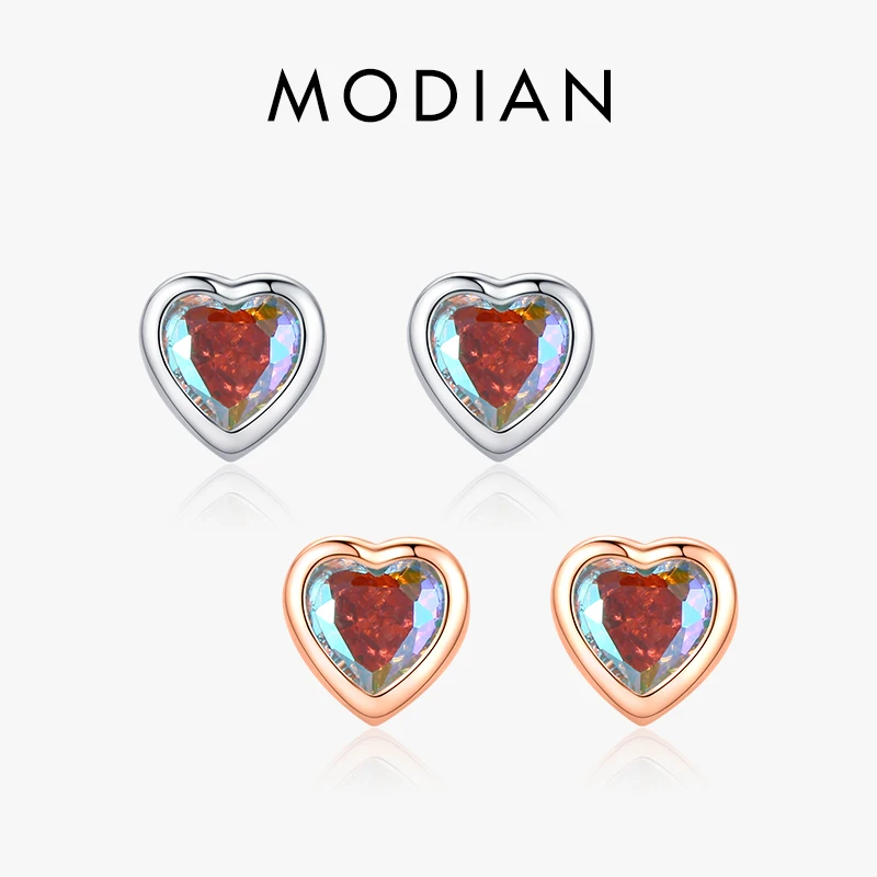 Modian 925 Sterling Silver Simple Tiny Hearts Multicolour Zirconia Charm Kolczyki sztyfty Klasyczna biżuteria w kolorze różowego złota dla kobiet