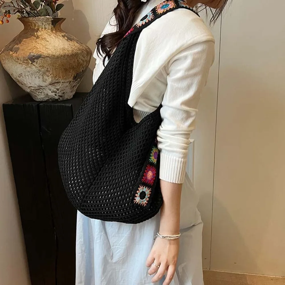 

Large Capacity Crochet Tote Bag Ethnic Style Lightweight Hollow Woven Bag Embroidered Strap Flower Knitting Handbag School