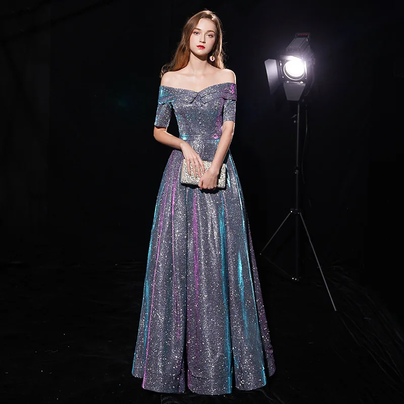 

Fashion Women's Laser Iridescent Evening Dresses Gradient Color Off Shoulder Party Dress 2024 Designer Textured A-line Prom Gown