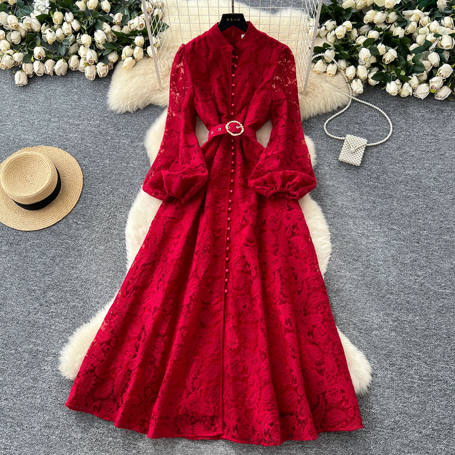 Embroidery Formal Evening Lace Dress New Women Single Breasted Crystal Belt Crochet Long Sleeve Maxi Dresses Prom Party Vestidos
