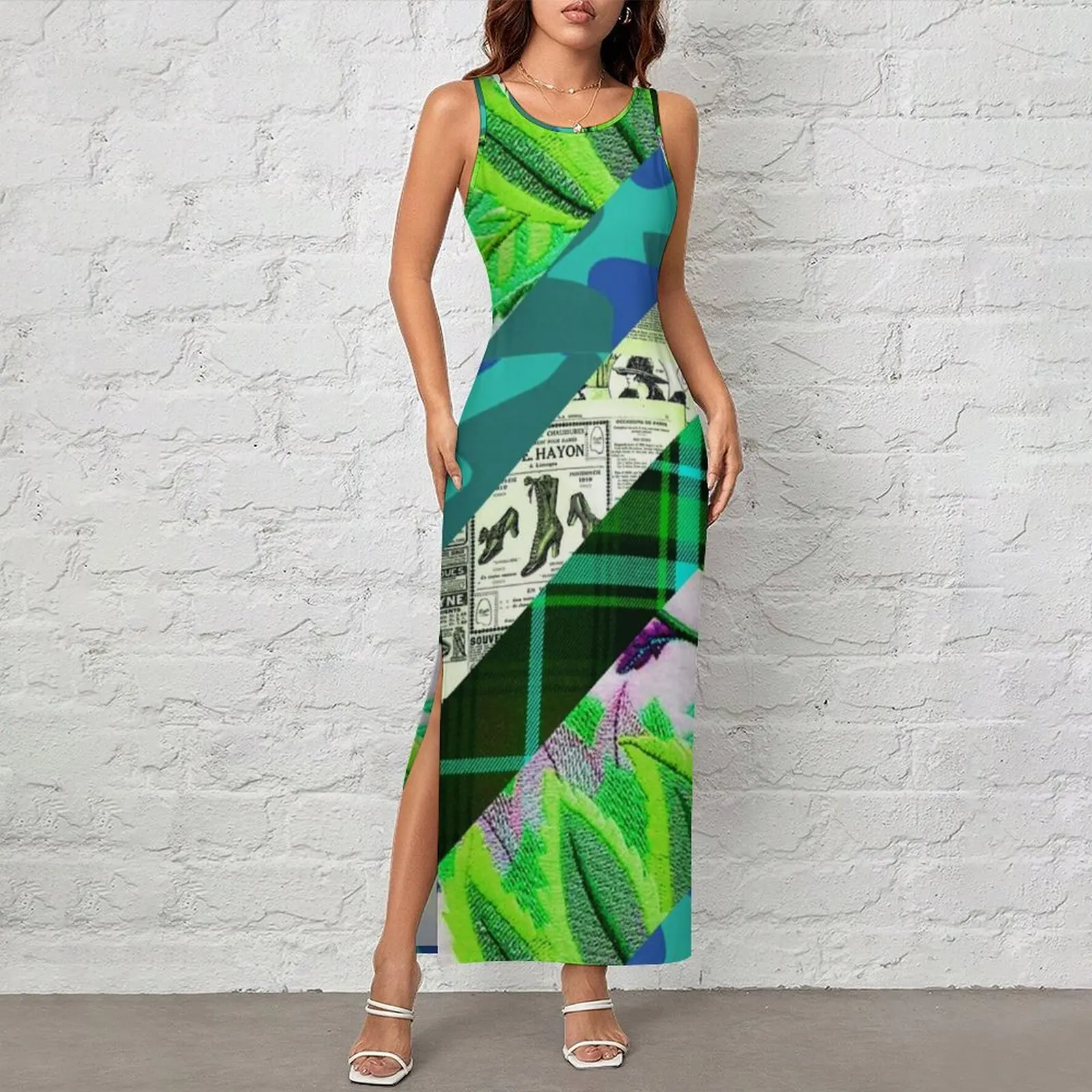 Funny Newspaper Dress Sleeveless Flowers Strips Print Casual Y2k Maxi Dresses Night Club Bodycon Dress Woman Oversized Vestido