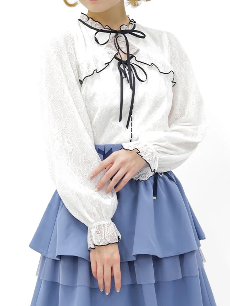 

Sweet Japanese Style Double Color Lace Bolero Style Overhead Shawl Collar Chiffon Shirt for Girls Student Series CI31X20P