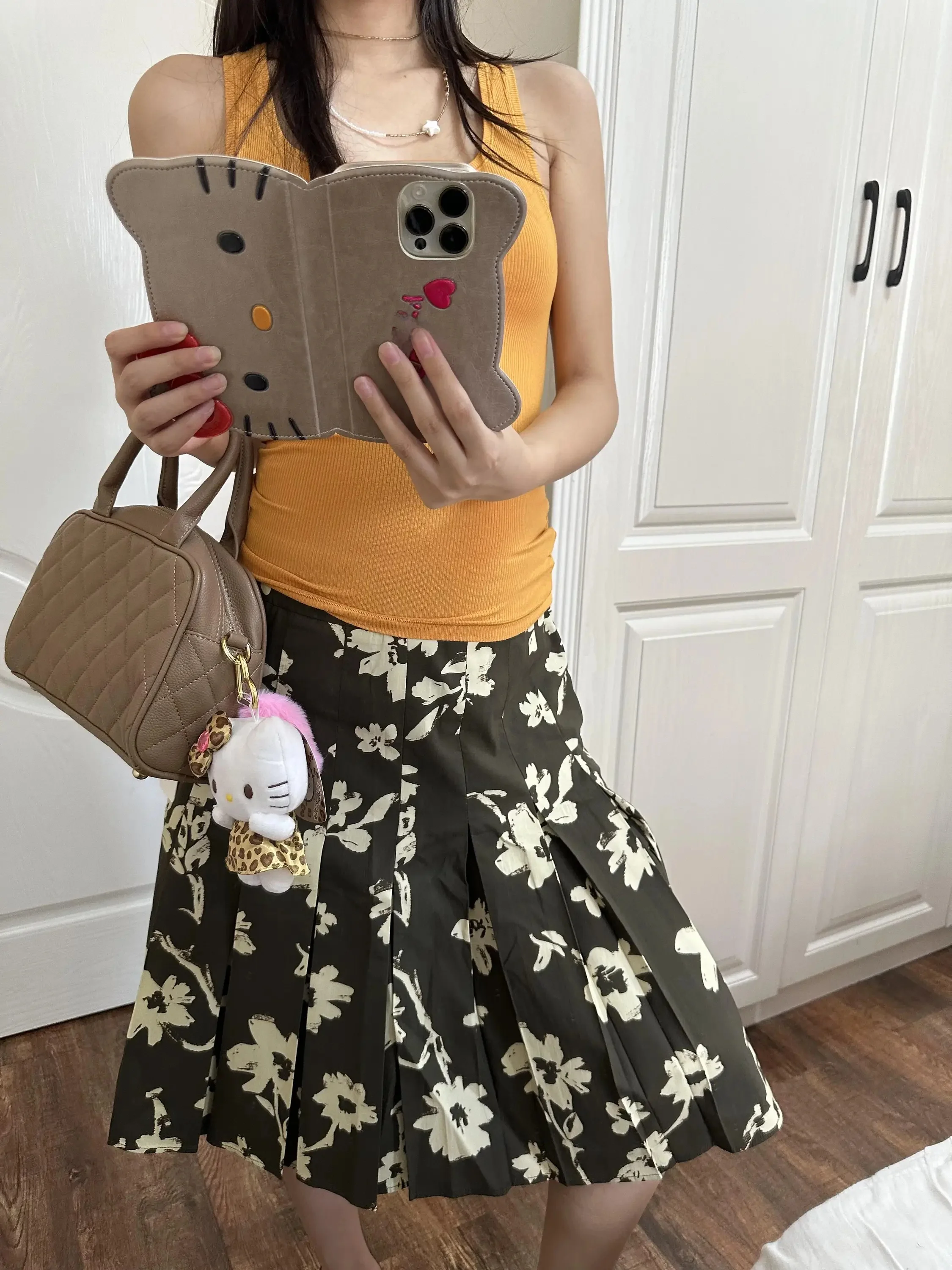 American Style Retro Floral Print Half Skirt Women's Summer New High Waist Pleated Skirt Versatile Floral Print Midi Skirt