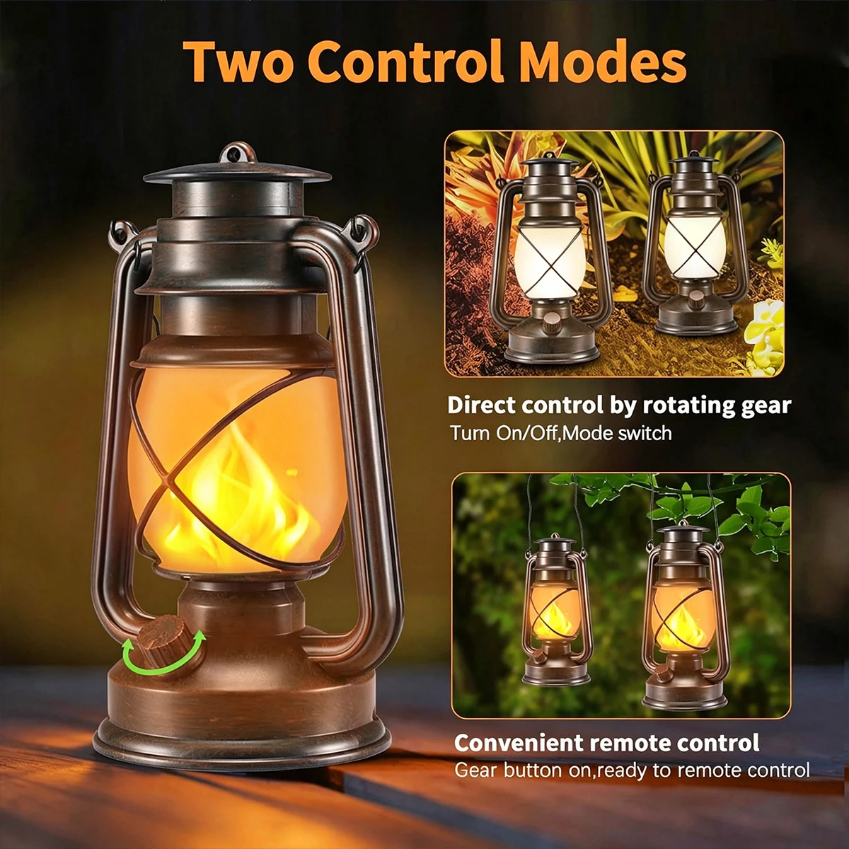 Vintage LED Camping Lantern 2 Modes Flickering Flame Vintage Lantern Portable Battery Operated Outdoor Hanging Emergency Lantern