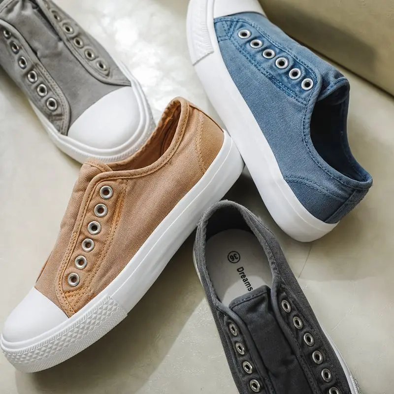 

Youth Low-Top Flat Casual Canvas oes Pure Color Korean Sle Slip-On Driving Versatile Retro College Match Dr Can round