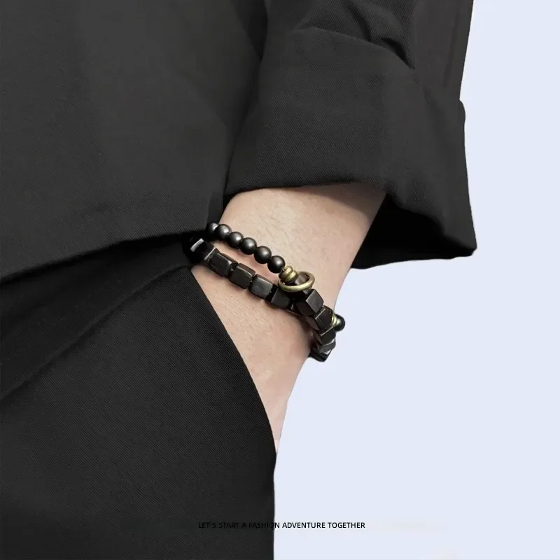 Natural ebony double-layer stacked Dai Wen play bracelet, men's and women's high-end sense plate play beaded bracelet