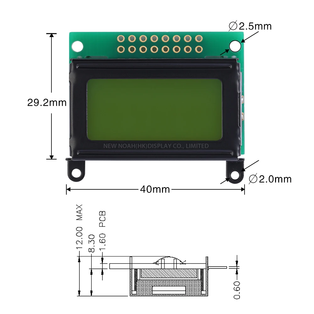 Yellow Green Film 0802C Character LCD Screen 16 PIN Controller ST7066U Development Of Ultra Small Module Support Solution
