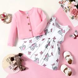 PatPat 2pcs Baby Girl Cotton Long-sleeve Cardigan and Allover Elephant Print Naia™ Tank Dress Set Soft and Comfortable