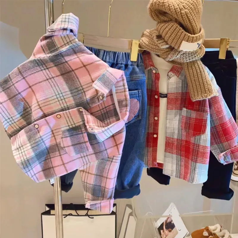 Spring Autumn Warm Coat Shirt for Boys and Girls 1-9 Year Old Classic Striped Plaid Top Thickened Korean Fashion Children\'s Wear