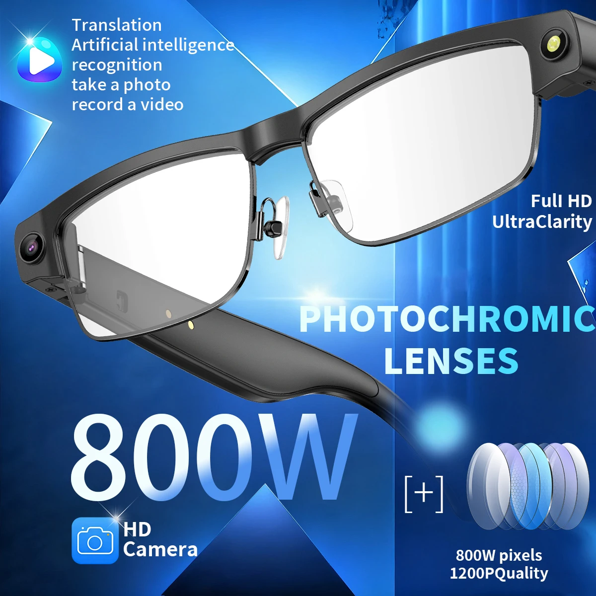 

LIGE HD 800 Вт камера умные очки 1200P видеозапись голосовой помощник AI перевод звонки солнцезащитные очки линзы меняющие цвет