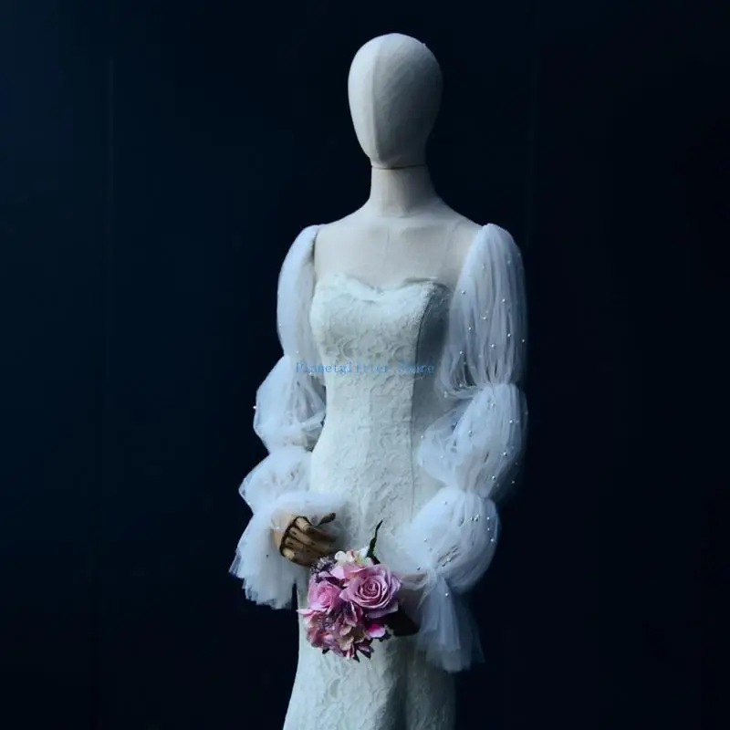 

652B Lady Elegant Lace Arm Sleeve with Pearl Bridal Dress Delicate Removable Sleeve