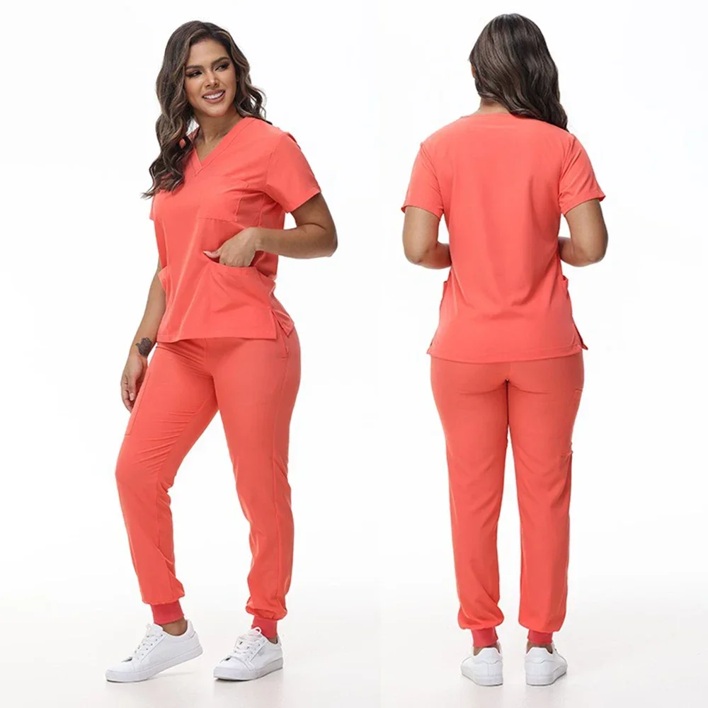 Stretch Scrub Top e Calças Conjunto, Uniformes Médicos, Uniforme de enfermeira, Médico Cirurgia Macacão, Salão de beleza Workwear, Novo