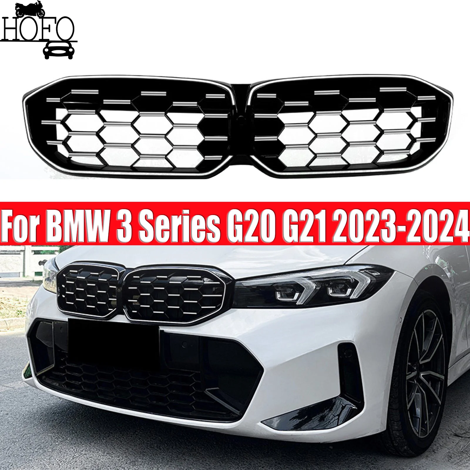

For BMW 3 Series G20 G21 2023-2024 Front Kidney Double Slat Diamond Grille Grill Center Grid Mesh Tuning Part