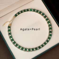 Fashion Charm Natural Jade Stone Green Agate and Pearl Necklace for Women Luxury Retro Style Jewelry Girl Mom Gift Accessories