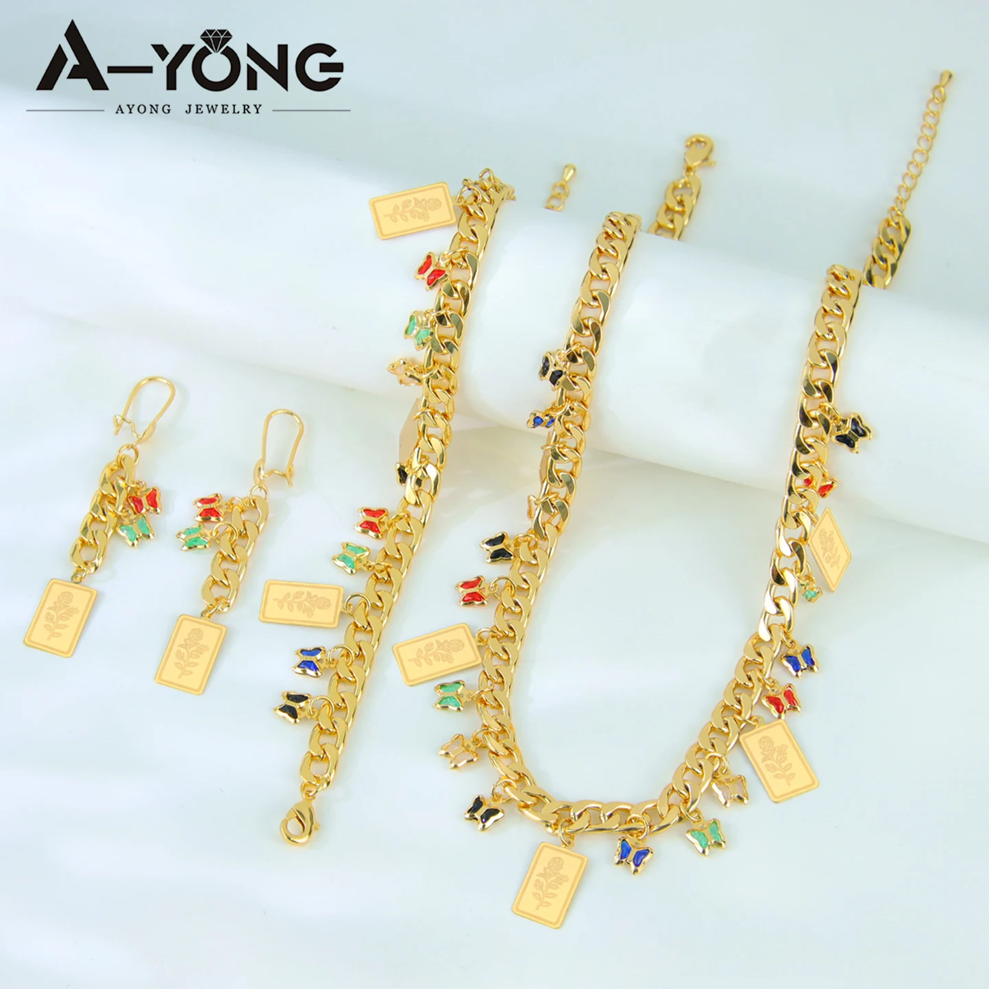 Arabisches Quasten-Blumenschmuckset, 24k vergoldet, elegante Zirkonia-Schmetterlingskette, Armband, Ohrringe, nigerianischer Hochzeitsschmuck – Detail 8