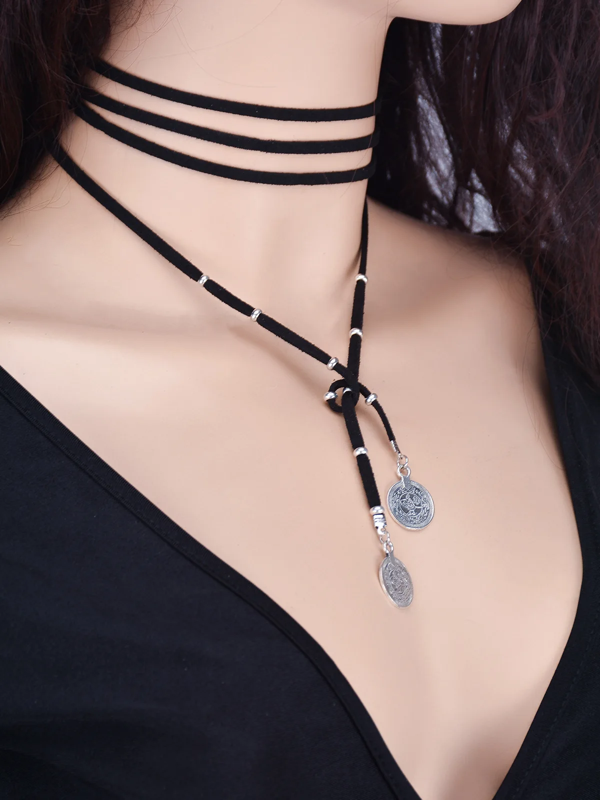 Long Chain Tassels Disc Boho Brown Black Wrap Velvet Choker Necklace Multiway Layered Necklace for Women and Girls
