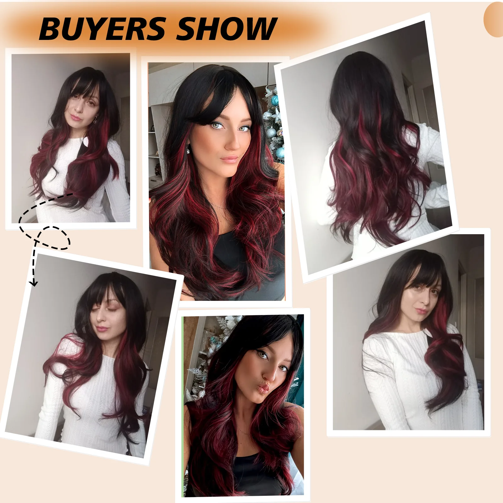 Black Highlight Red Hair Wigs with Bangs Long Wavy Black Mixed Red Synthetic Wig for Woman Cosplay Colorful Wig Heat Resistant