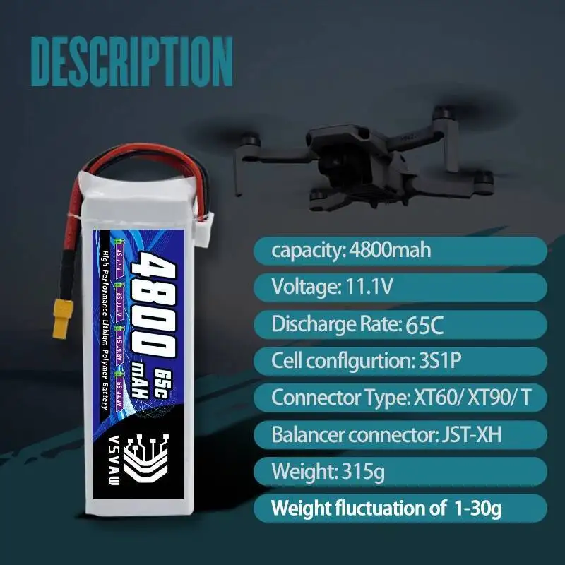VSVAW 3S Lipo batterie pour Drone FPV 11.1V 65C 4800mAh prise EC5 pour voiture RC quadrirotor bateau avion RC modèle UAV pièces RC