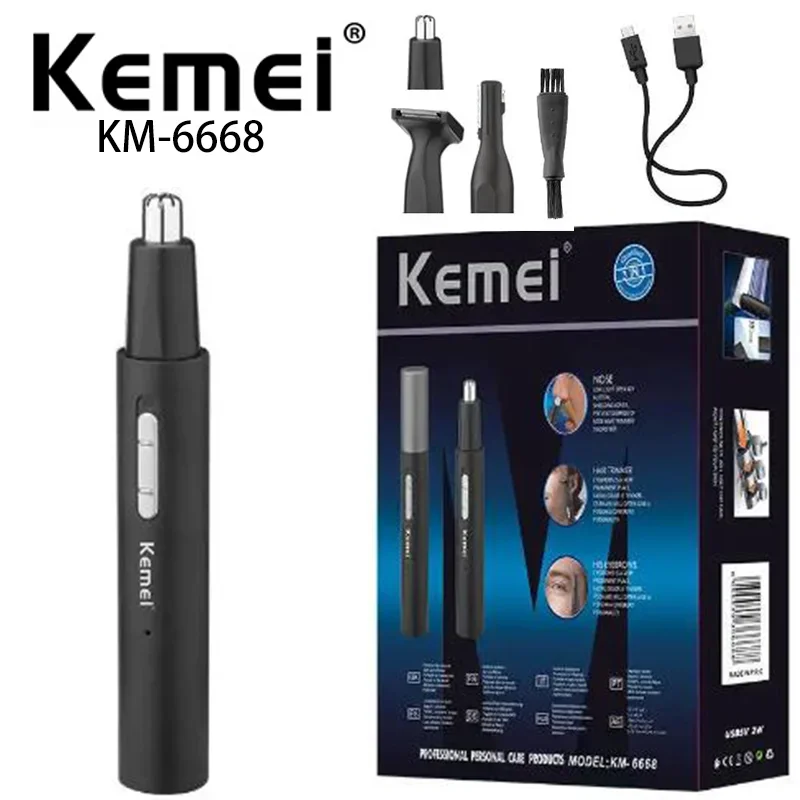 Kemei KM-6668multifunctional portable 3-in-1 electric nose hair trimmer, USB charging sideburns eyebrow trimmer and hair remover