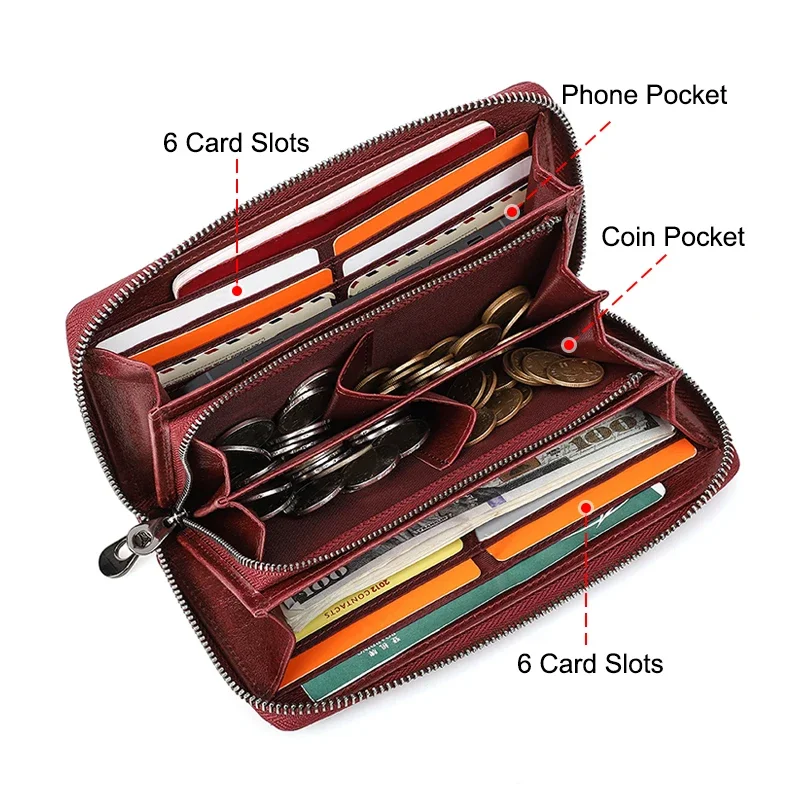جلد طبيعي المرأة محافظ طويلة حامل البطاقة الإناث محفظة سستة المحفظة للنساء موضة حقيبة صغيرة Rfid Carteras