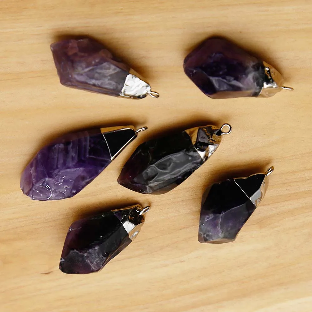 Natural Amethyst Silver Plated Pendant Irregular Raw Stone Necklace Earrings Jewelry Accessories Wholesale7Pcs/Lot Free Shipping