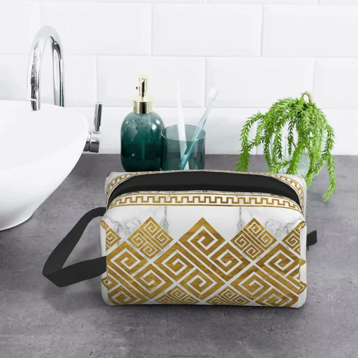 Greek Meander - Greek Key White Marble And Gold Makeup Bag Cosmetic Storage Dopp Kit Toiletry Cosmetic Bag for Women Beauty