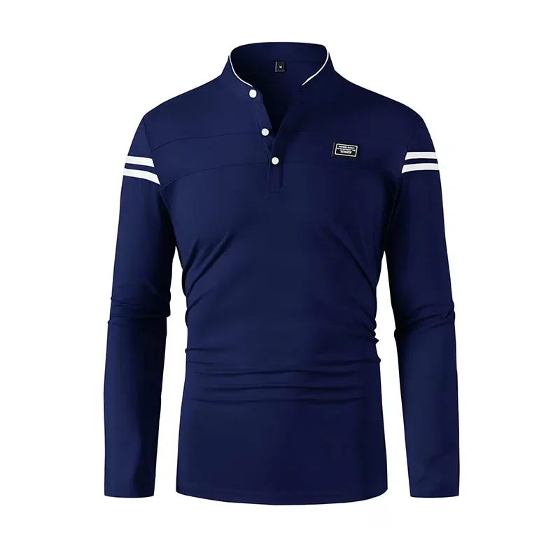 

2025 Мужская повседневная модная однотонная рубашка-поло с длинным рукавом и воротником-стойкой, универсальный удобный топ для различных случаев