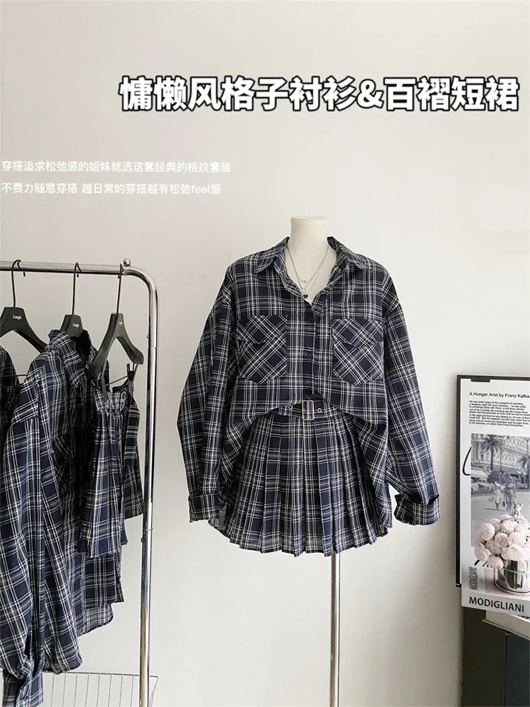 

Autumn Winter Women 2000s Aesthetic Kpop Japanese Y2k Plaid Vintage Outfits 2 Piece Set Long Sleeve Shirts + Mini Pleated Skirt