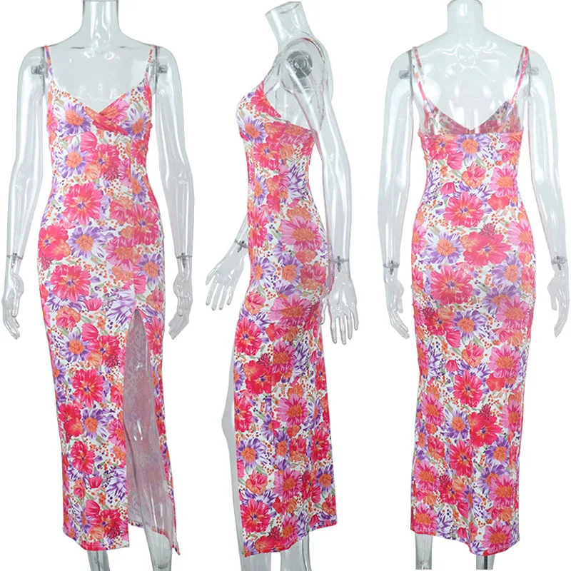 Elegante floral pirnting vestidos de verão feminino cinta de espaguete com decote em v lado split night club festa sexy bodycon midi vestido