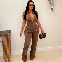 Streetwear Front Zipper Turn-down Collar Cargo Jumpsuit Women Short Sleeve Multiple Pockets One Pieces Romper Casual Overalls - Image 2