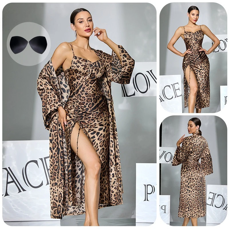 Leopard Print Satin Nightgown Sexy Bathrobe Women Night Dress Removable Chest Pad Home Loungewear