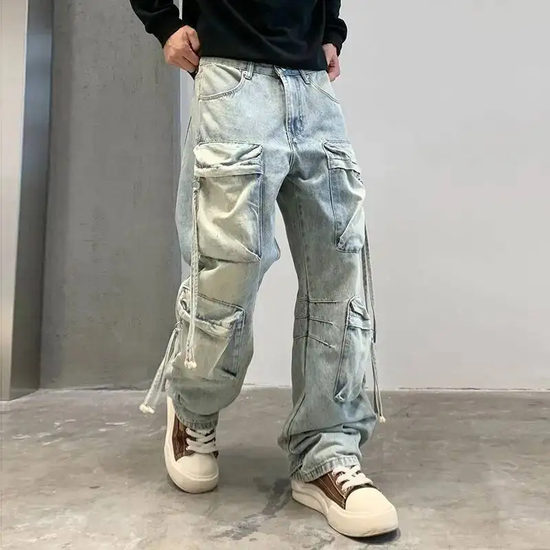 Pantaloni in denim cargo multitasche da uomo autunnali Pantaloni jeans larghi a gamba dritta Pantaloni in denim da lavoro da strada alta Y2K Streetwear