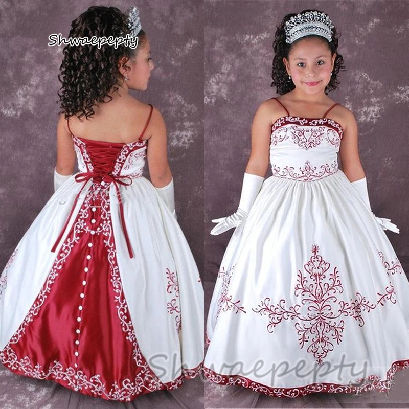 Vintage Embroidery A Line Flower Girls Dress For Wedding Party Floor Length White And Dark Red Satin Kids Formal Wear Customized