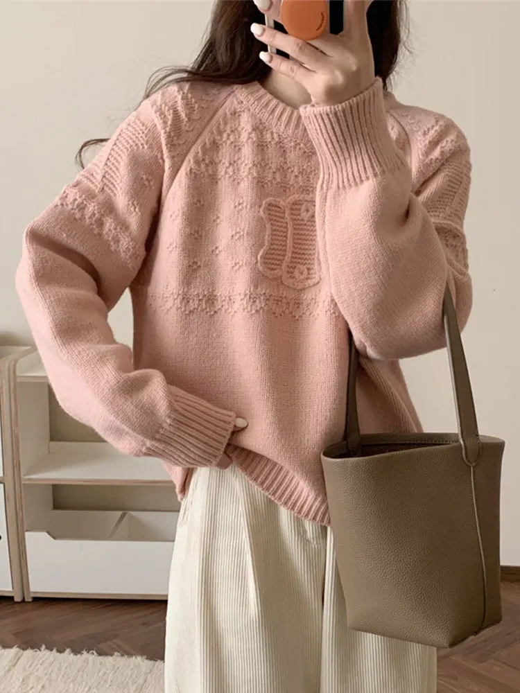 Korean Commuter Knitted Sweater Women\'s 2023 Autumn Winter Casual Thickened Round Neck Crochet Pullovers Loose Long Sleeve Tops