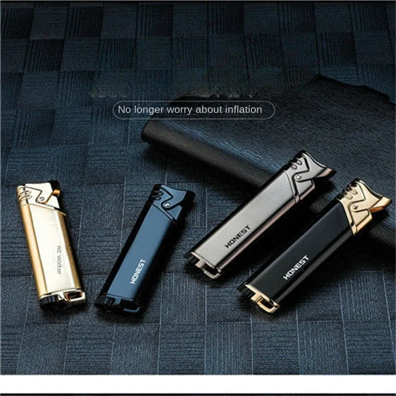 HONEST Straight Metal Ultra-thin Ultra-thin Jet Torch Straight Inflatable Windproof Butane Lighter Metal Blue Flame Fashion Gift