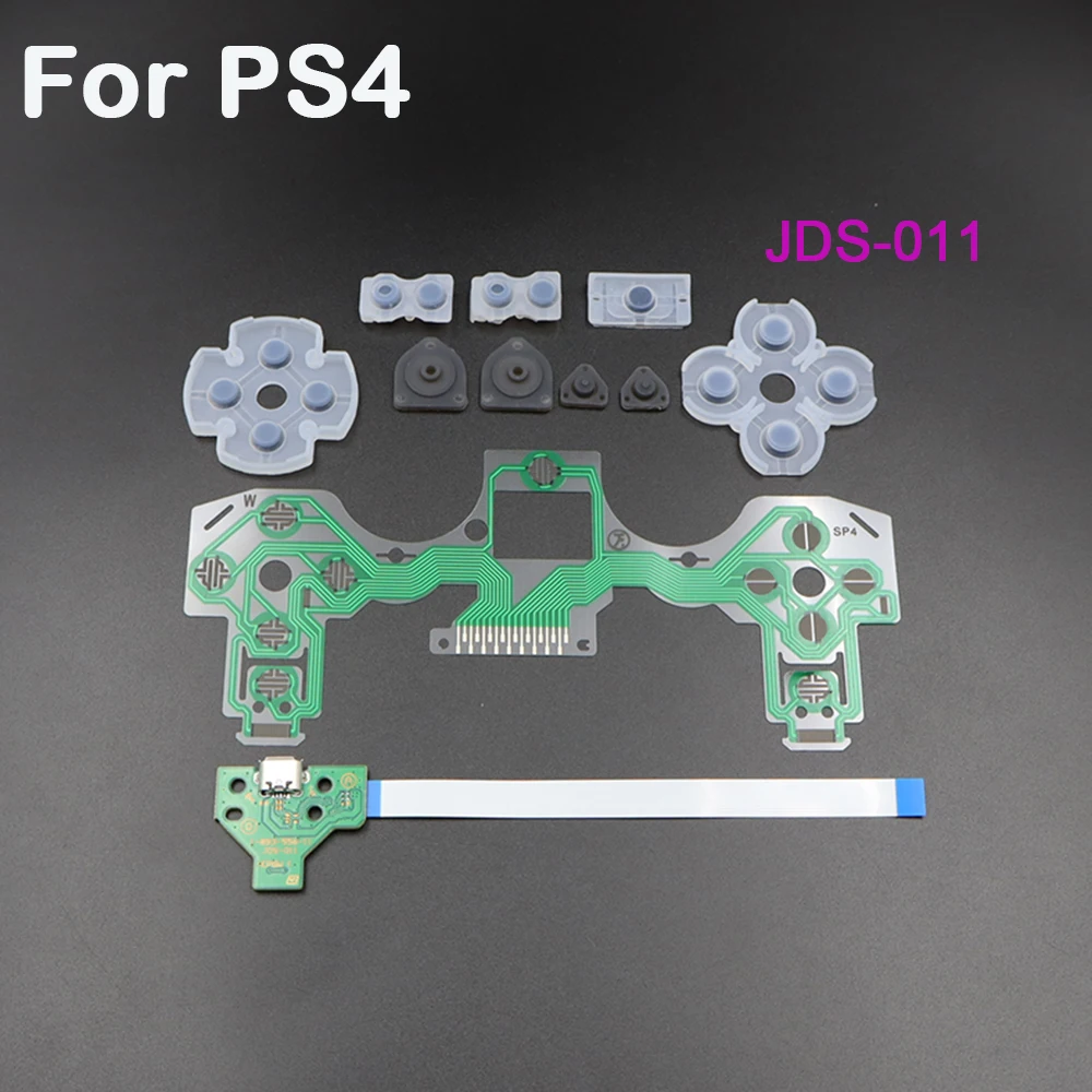 1 Juego de almohadillas de botón de goma de silicona de película conductora y placa de puerto de carga Micro USB para controlador PS4 JDS-001 011 030 040 050 055
