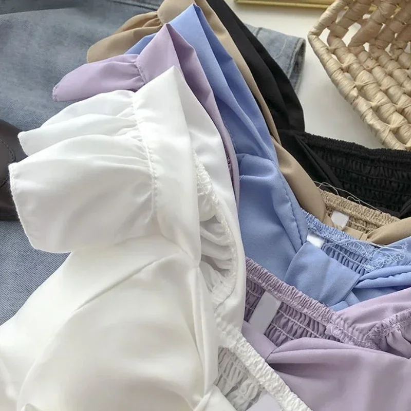 قطع علوية قصيرة كاميس للسيدات مكشكشة مثيرة وأنيقة وبسيطة ملابس خروج عتيقة للعطلات الصيفية غير رسمية للشباب جمالية تناسب الجميع Ulzzang جديد #5