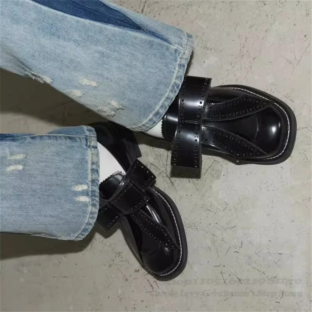 Male British Carved Small Leather Shoes 2026 Spring Newest Style Round Toe Chunky Heel Tie Bow Decor Black Single Shoes