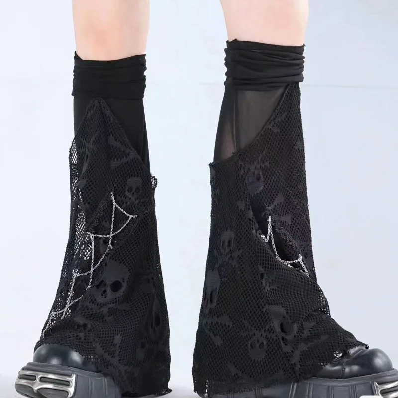 Subculture Harajuku Goth Punk Women Spice Chain Rock Lace Mesh Pin Skeleton Leg Warmer Heavy Industry Y2K Girls Leg Warmers