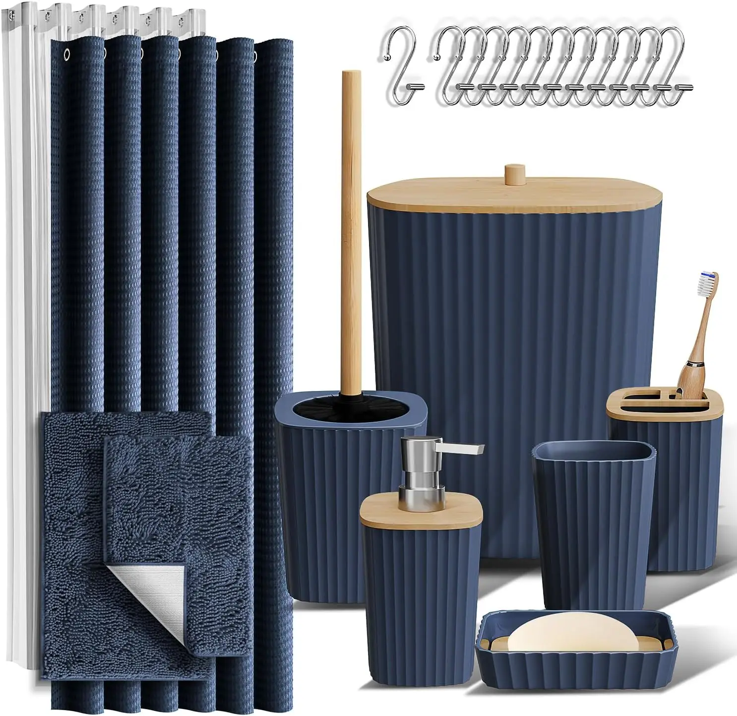 

Complete Navy Bathroom Set with Shower Curtain, Rugs, and Trash Can - 22-Piece Accessories for Modern Home Decor