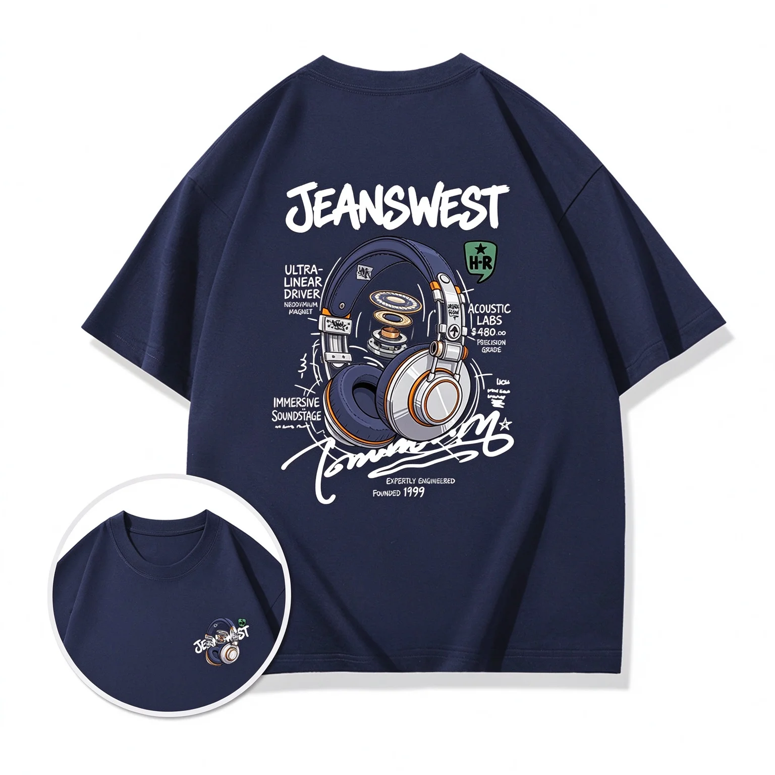 Men Women Mechanical Headphones Graphic Print T-Shirt Casual Loose Short Sleeve Top Streetwear Black Navy White Grey