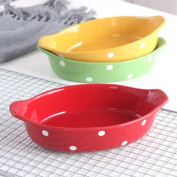 Polka Dot,Baking Plates for Microwave oven, Ceramic Food Plate with handle, Oven Tableware, Home Dish,  1Pc，gravy boat , cute