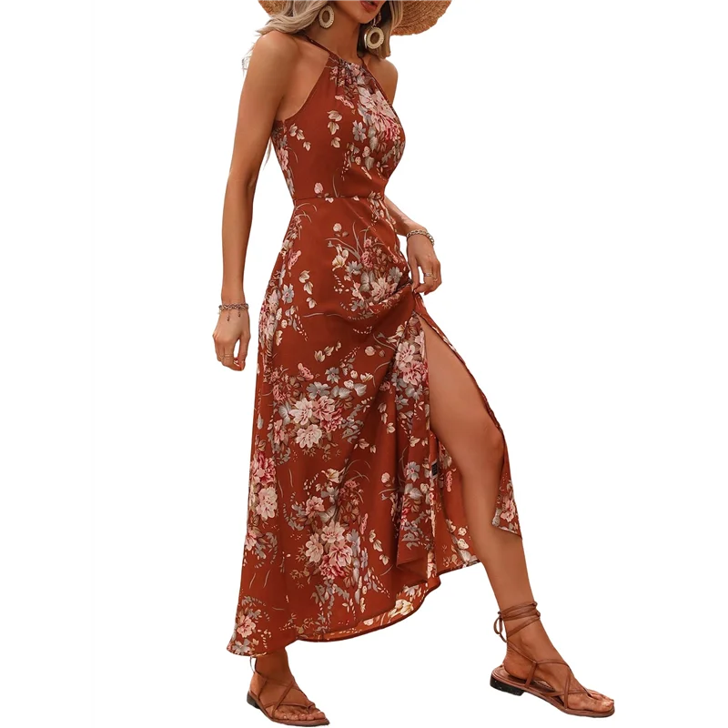 ASDS-여성 홀터넥 프린트 스플릿 롱 드레스 여름 민소매 Boho A 라인 드레스