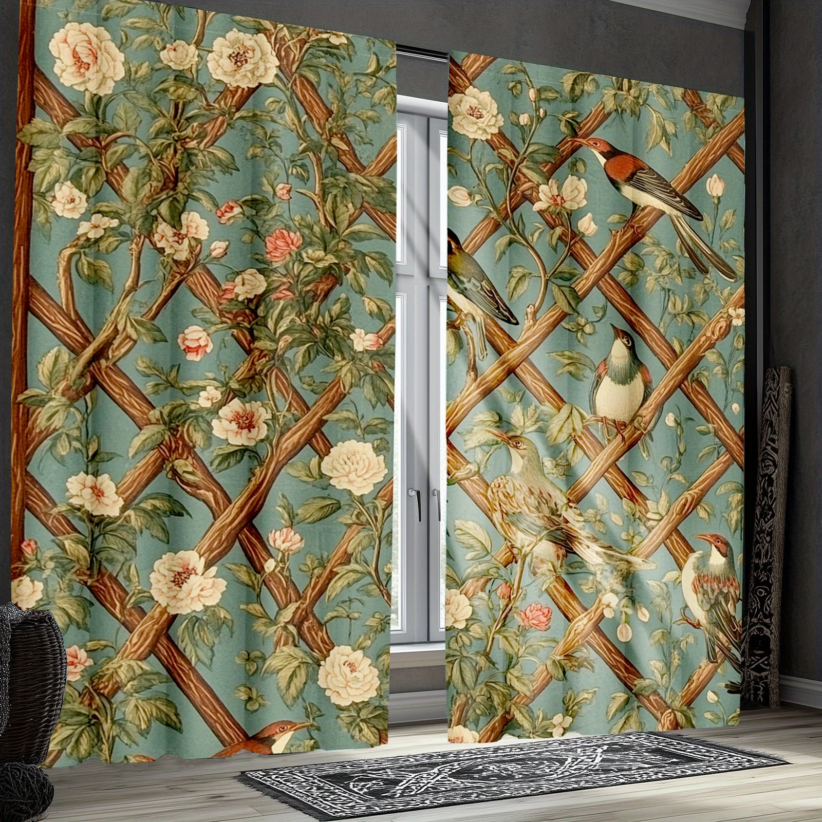 2pcs Of Vintage Morris Floral Print Curtains | Semi-Transparent Polyester Fabric, Country-Style Red Floral And Bird Design, Idea
