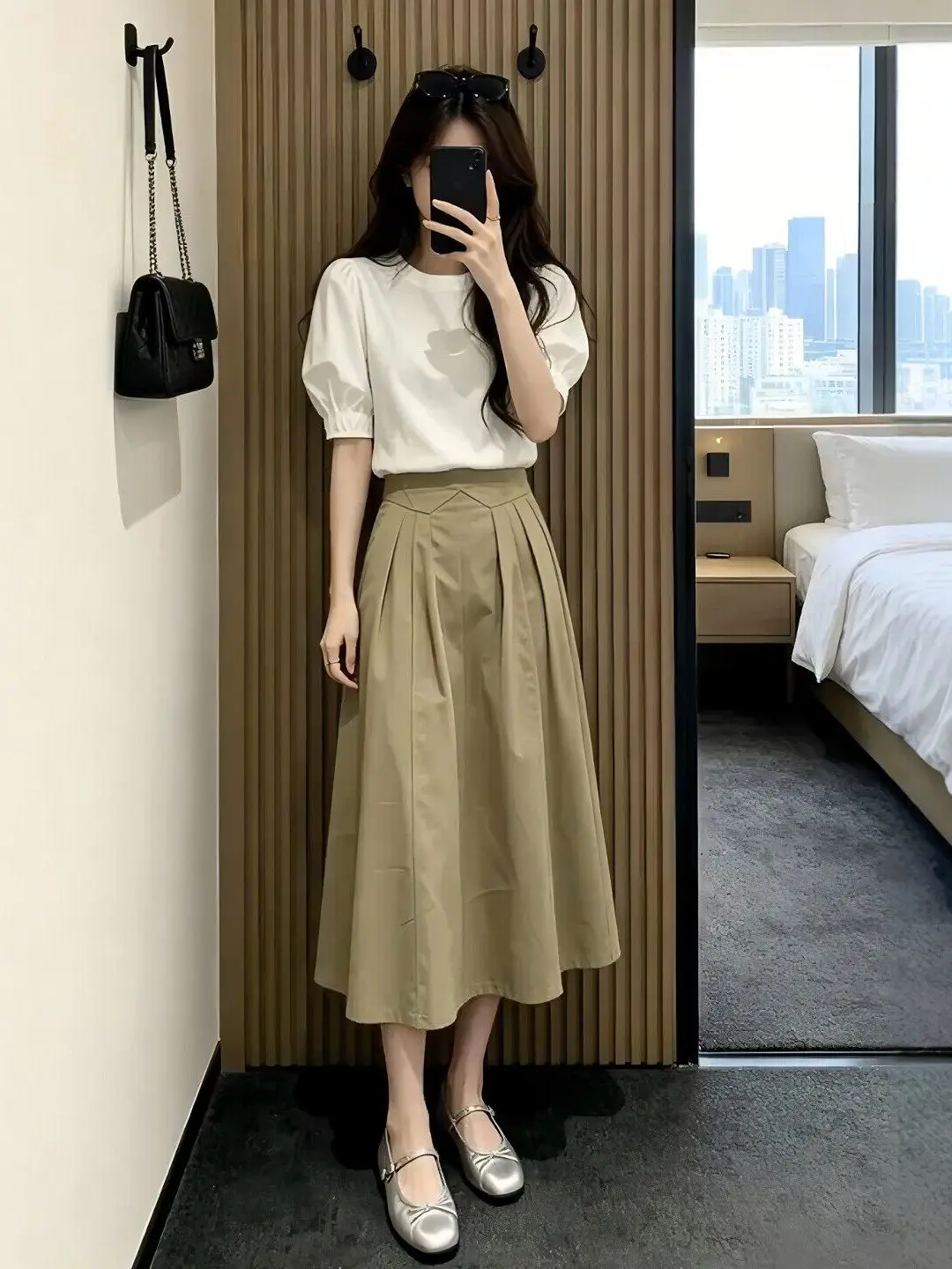 

Korean Chic White Bubble Sleeve Top And High Waist A-Line Skirt Set Women's Fashion Summer Outfit Two-Piece Ensemble