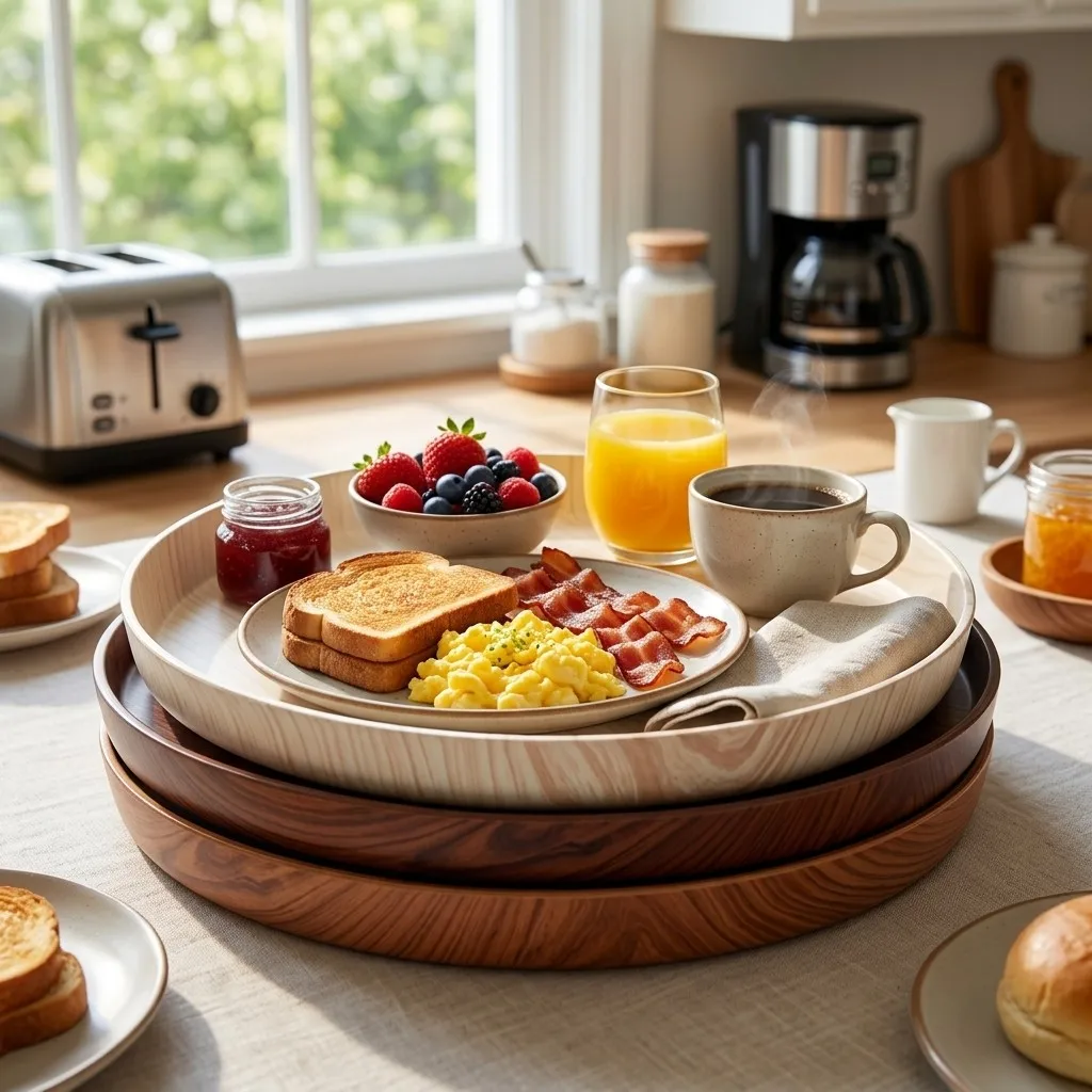 Round Serving Tray Wood Grain Decorative Tray Stackable Food Plate Tea Serving Platter Kitchen Tableware Dishes For Eating